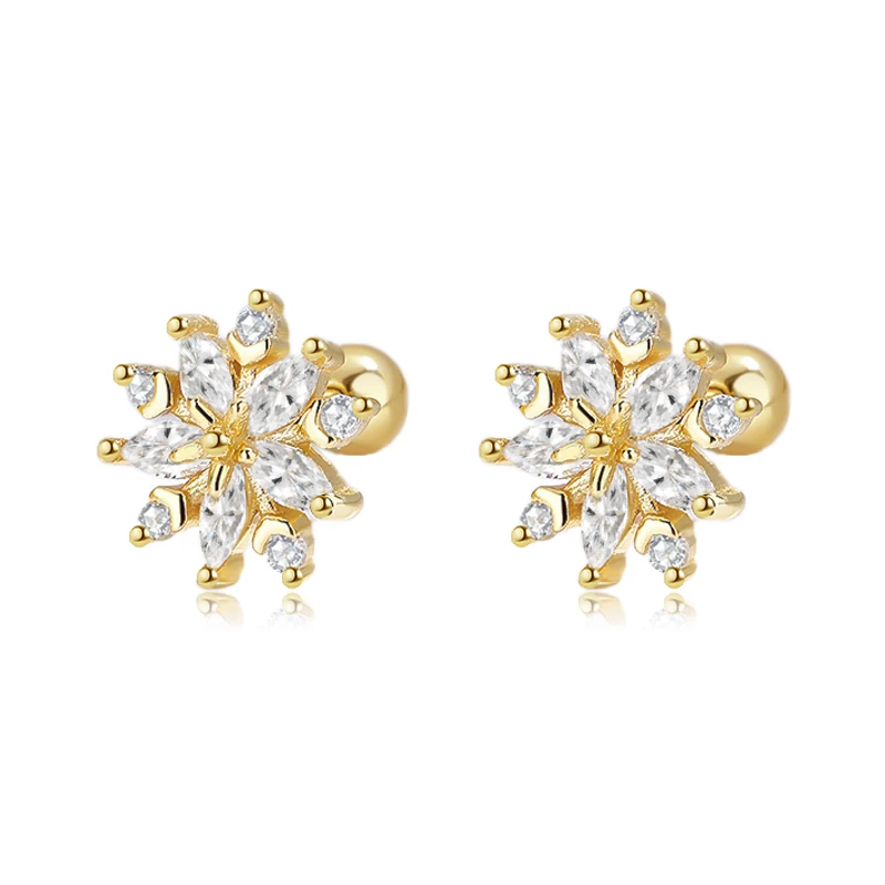Trustdavis Real 925 Silver Sweet Snowflake CZ Screw Stud Earrings for Women Daily Wear Jewelry Gift DG0061
