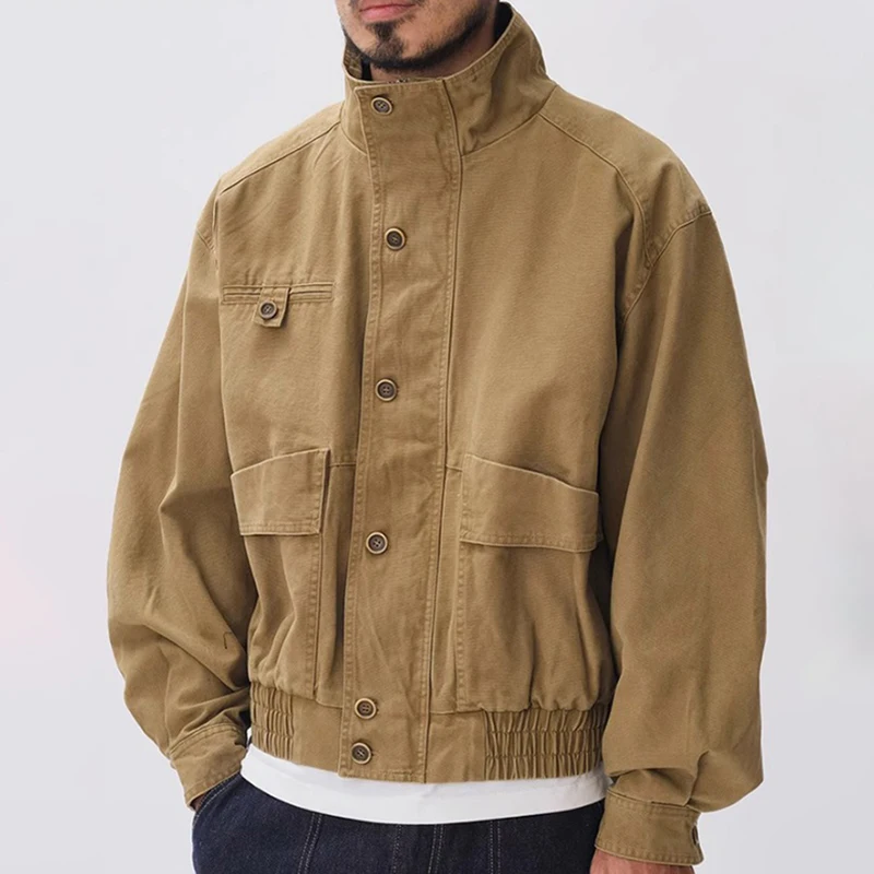 

Мужская демисезонная куртка-карго из плотного хлопка с множеством карманов, ветрозащитная, с высоким воротником, винтажная, однотонная, рабочая куртка, верхняя одежда для мужчин