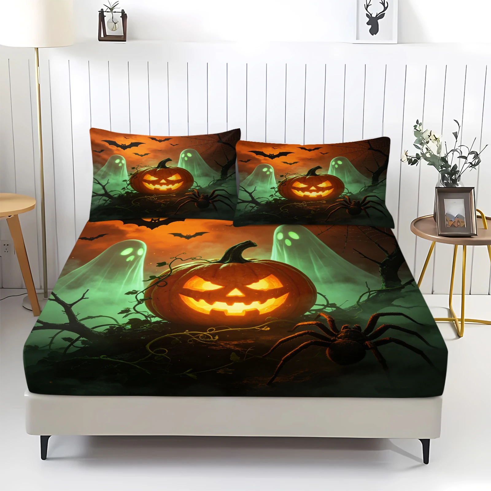 Horror Glowing Pumpkin Green‑Ghost Bat Spider Print Mattress Cover With Pillowcase Halloween Fitted Sheet Set Spooky Bed Decor