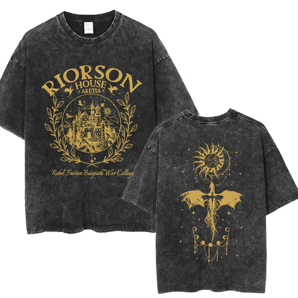 Basgiath War College Riorson House Washed T Shirt Fourth Wing Dragon Rider T-shirt Men's Fashion Cotton Oversized Tshirt Gifts