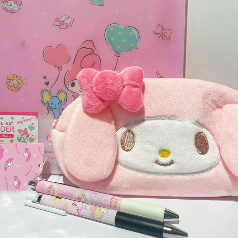 Sanrio Melody-estuche de lápices de gran capacidad, bolsa de cosméticos de felpa para niñas, suministros de papelería para estudiantes