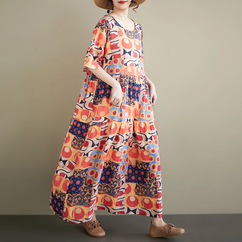 

Loose Bohemian Style Women's Summer Dress Large Size round Neck Short Sleeve Full Skirt Cotton Citywalk A-Line Gown