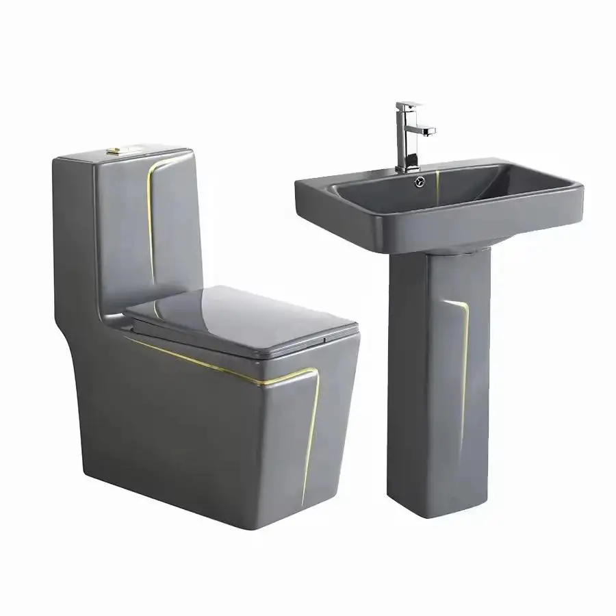 2026 Hot Sale Luxury Design Floor Standing Sanitary Ware Suit Bathroom Ceramic Pedestal Sink One Piece Toilet Setpromote sales