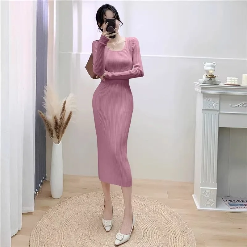 Robe tricotée pour femmes, jupe extérieure moulante à manches longues, moulante aux hanches, nouvelle collection printemps automne
