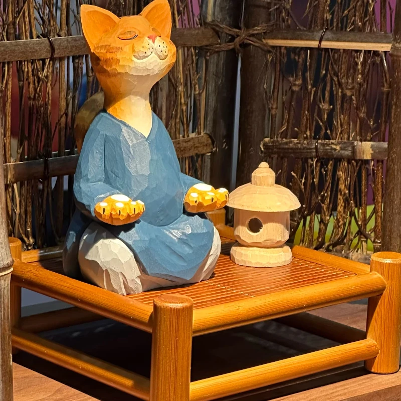 Zen Meditation Cat Wood Carving Set, Handcrafted Home Decor Sculptures for Desk, Mindful Gift & Minimalist Accent Collection.