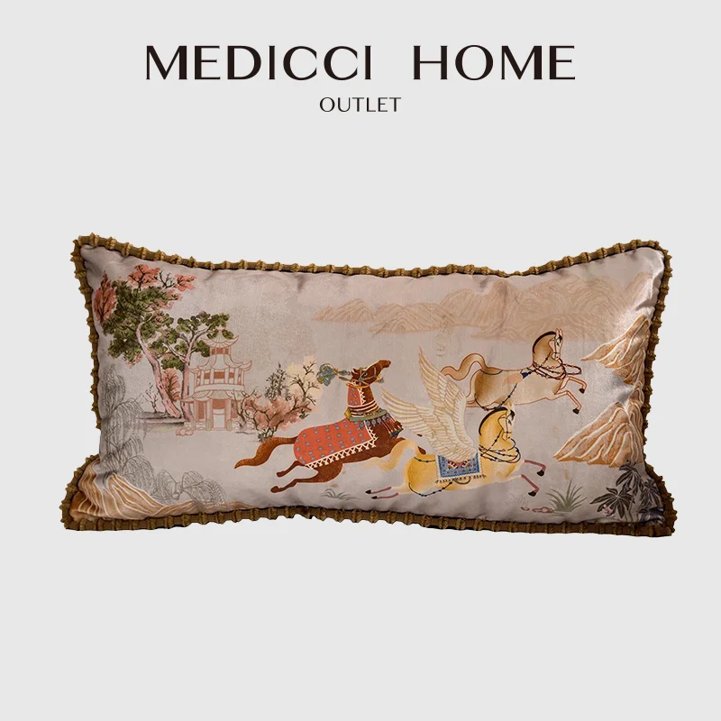 Medicci Home Eclecticism Style Exquisite Bolster Pillow Cover White Horse Printed Sofa Bedroom Decoration Cushion Case 30x60cm