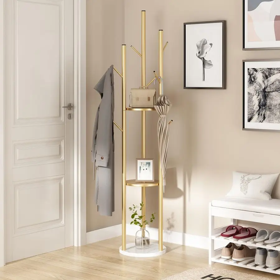 

Metal Coat Rack, Gold Coat Racks Freestanding with Shelves and Marble Base, Coat Tree with 9 Hooks for Scarves, Bags, Modern Co