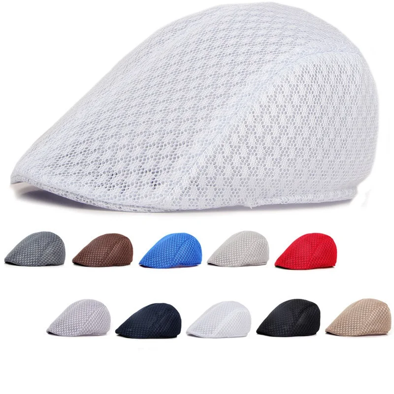 Korean Version of Men\'s and Women\'s Berets Solid Color Hollow Mesh Caps Forward Caps Breathable Summer Sun Hats