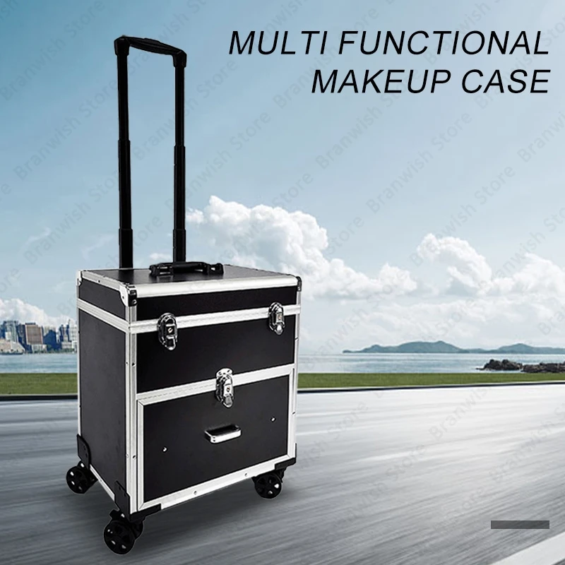 Professional Makeup Train Case Portable Nail Makeup Organizer Black Rolling Cosmetic Case Trolley Manicure Makeup Travel Case