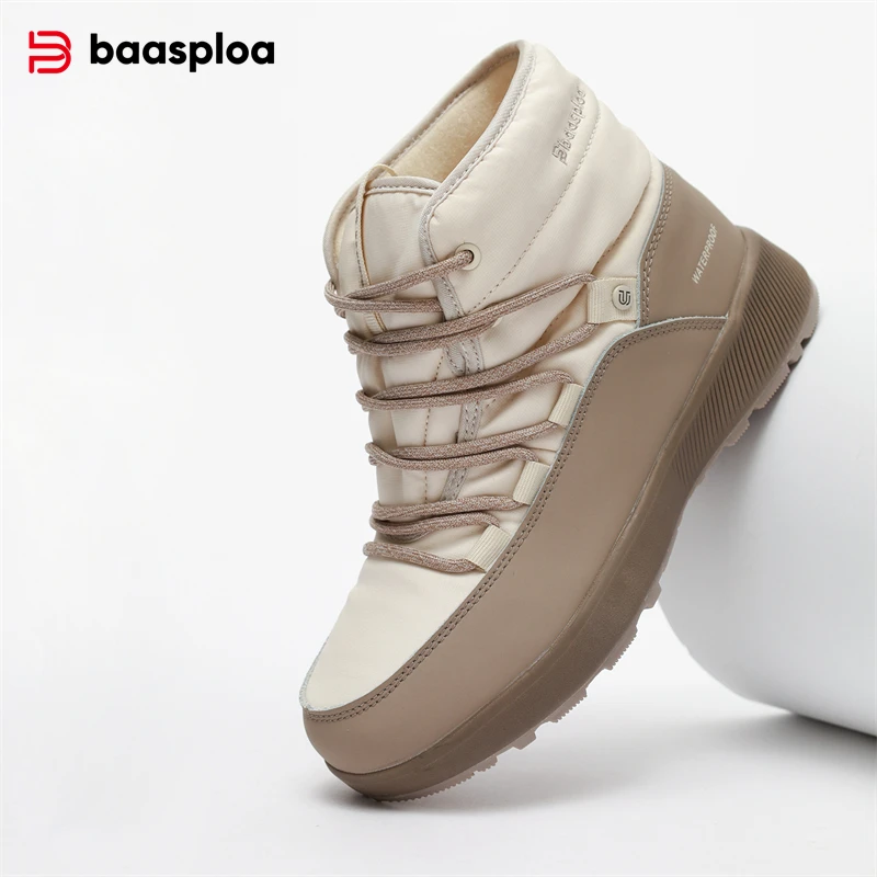 Baasploa Botas de nieve para mujer, botas de nieve impermeables de cuero para invierno, zapatos cómodos de algodón cálidos de felpa, antideslizantes