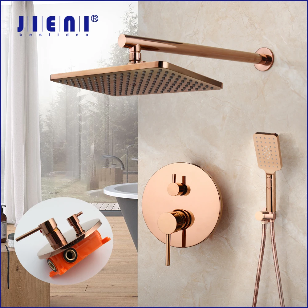 

JIENI Rose Golden Rainfall Shower Faucet Set Wall Mount Handle Shower Mixer Faucet Square Handshower Embedded box Bathtub Shower