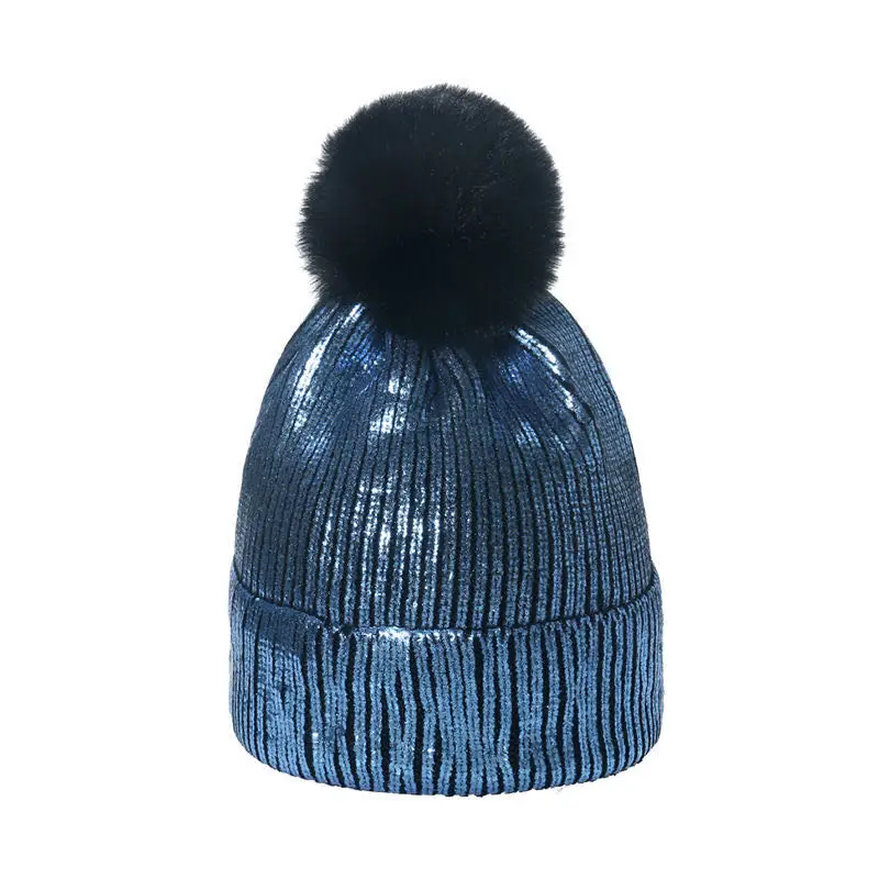 ladies women girl fashion Winter shining metallic beanie hat with pompom