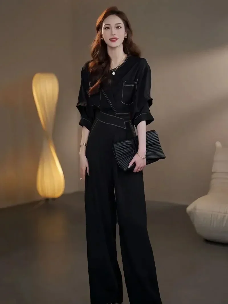 Ladies Trouser Summer 2024 Shirt Baggy Wide Leg Women\'s Blouse and Pants Two Piece Set Business Formal with Sleeve Korean Style