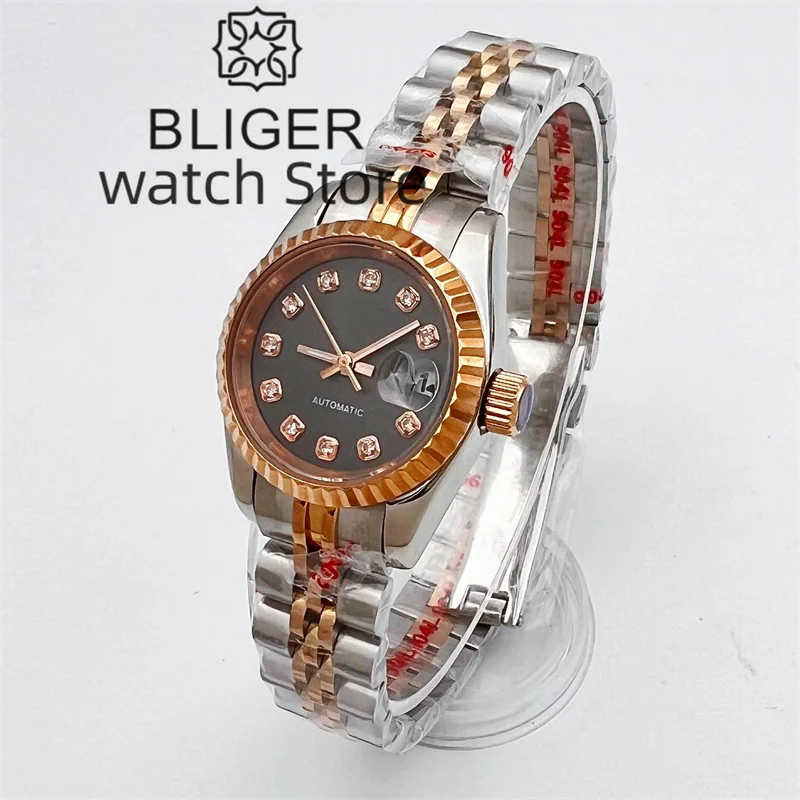 BLIGER New 26mm Women\'s Silver Rose Gold Classic Mechanical Watch NH05 Movement Gray Dial Sapphire Glass Women\'s Elegant Watch