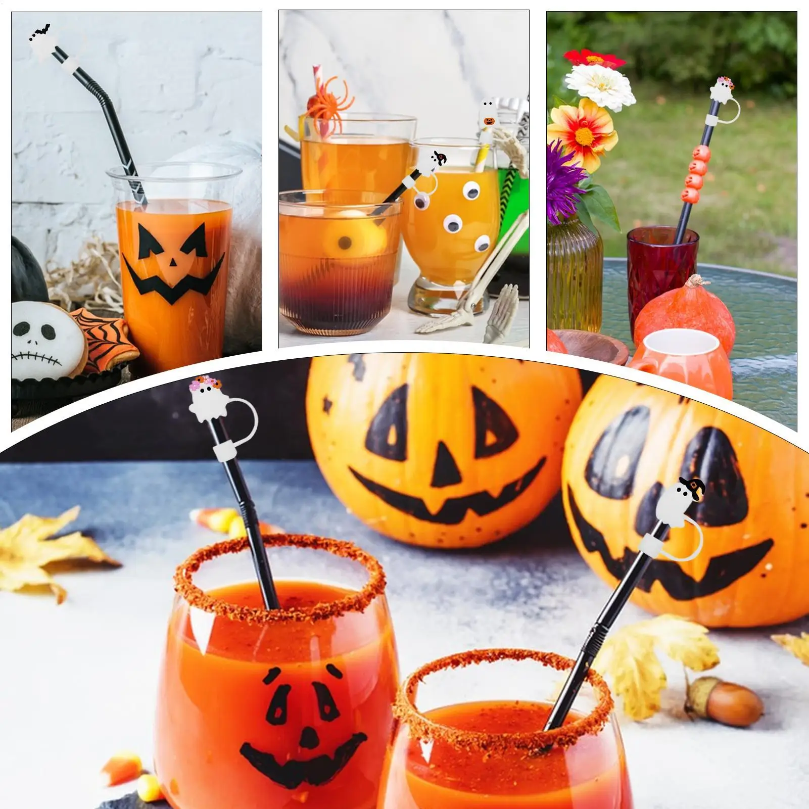 

Соломенные топперы ужасов, забавные соломенные топперы с призраком, 4 шт., многоразовые силиконовые жуткие для девочек, мужчин, мальчиков, детей, осень, День Благодарения