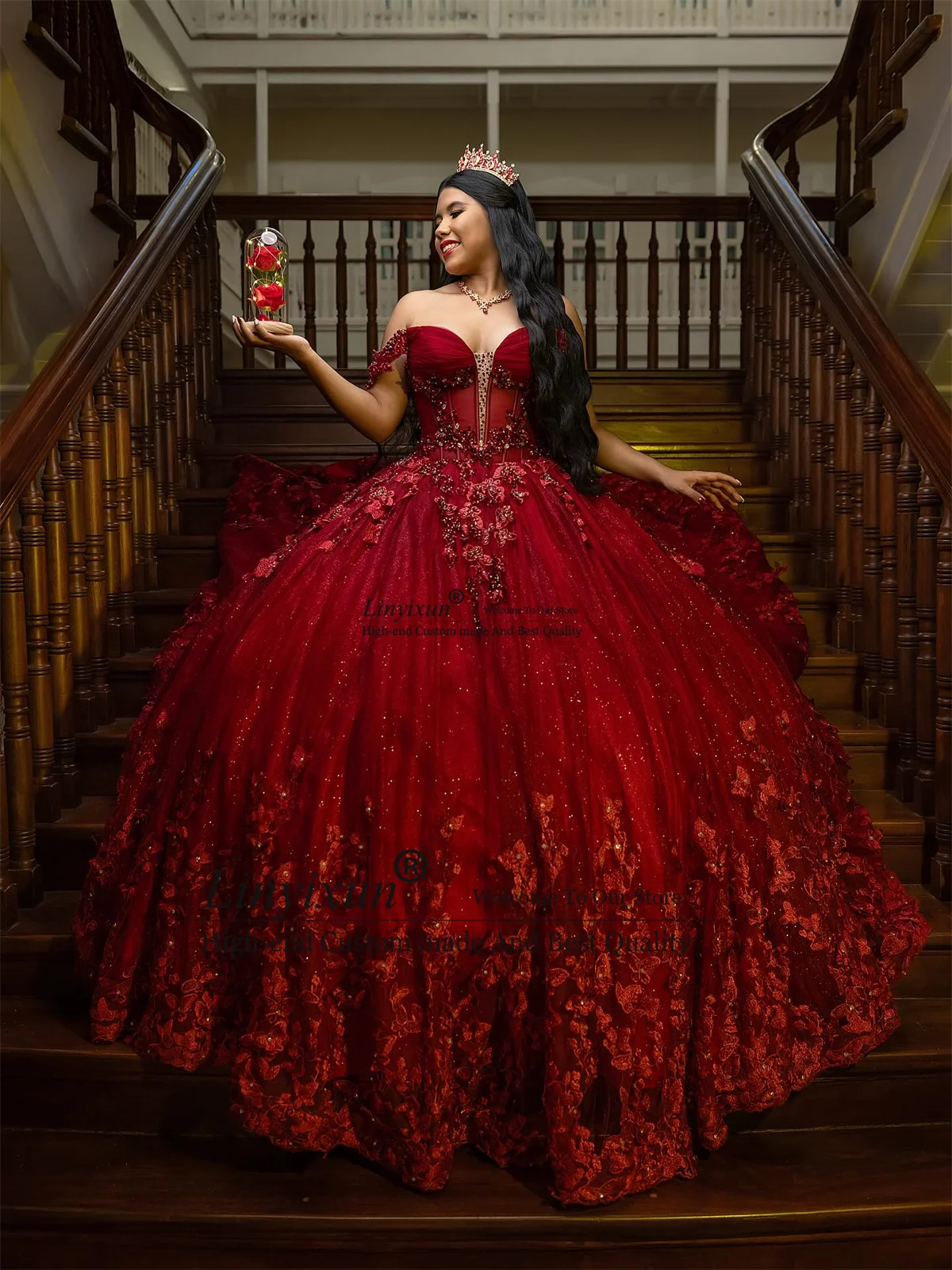 

Ball Gown 3D Floars Lace Quinceanera Dresses With Applique Birthday Sweet 16 Gown Customized Off Shoulder Vestidos De 15 XV Anos