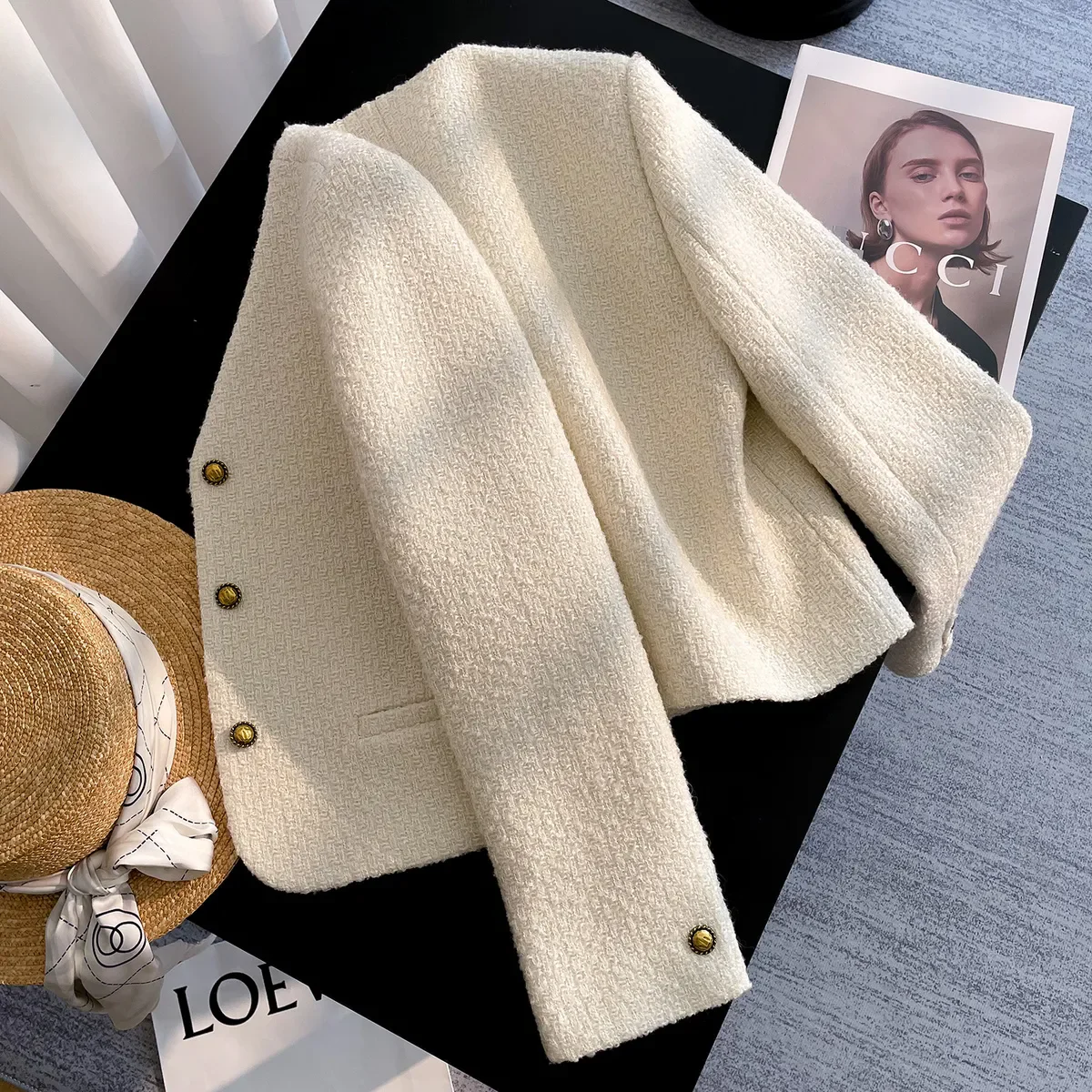 Korean Fashion Elegant Cropped Jackets Women Casual V-neck Single Breasted Outerwears Spring Fall Long Sleeve Chaquetas Blusas