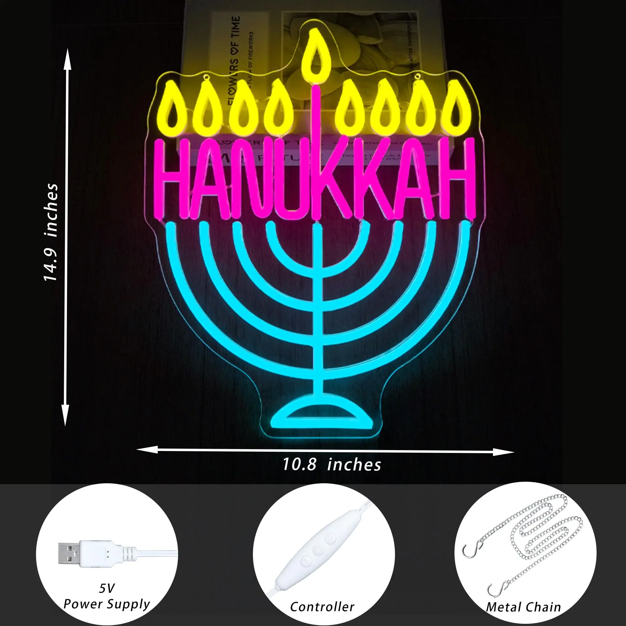 Hanukkah sinal de néon para decoração de parede com interruptor regulável alimentado por usb menor led light up sinal para presentes de casa de férias judaicas