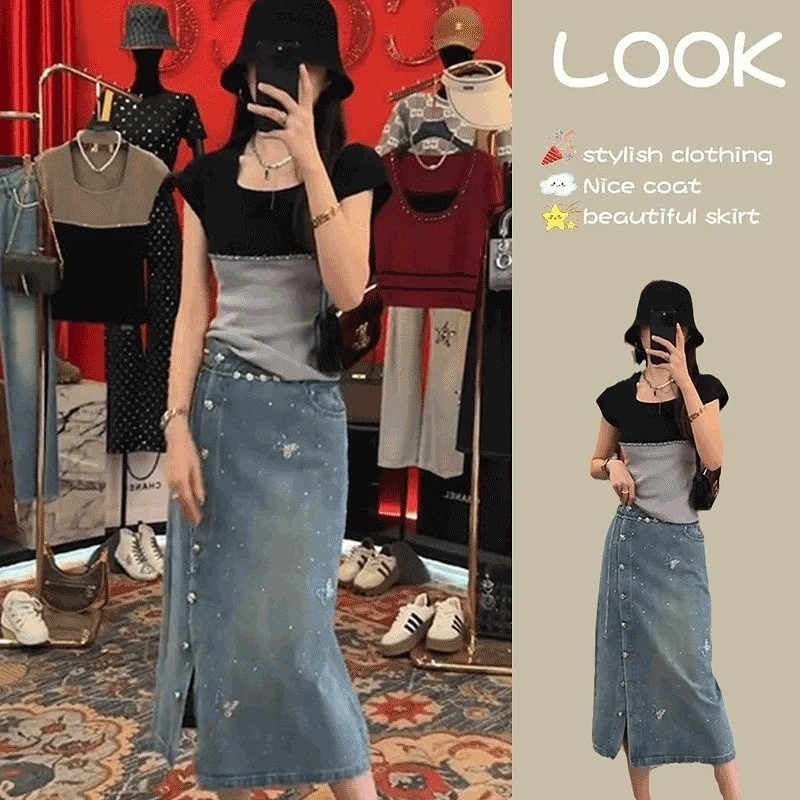 

Ele Mid-Length Denim Skirt for Women Heavy Embellied with Sequins High Waist A-Line Skirt Cotton Polyester Blend