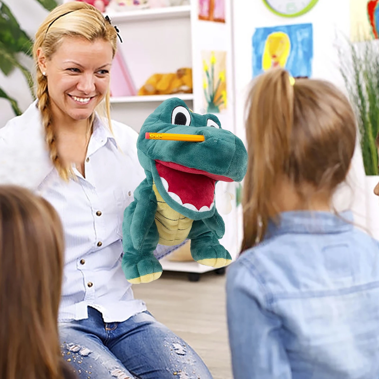 Fantoche de dinossauro plushies fantoches de mão brinquedo de dramatização, fantoches de animais de pelúcia interativos crianças diversão e dinossauro educacional