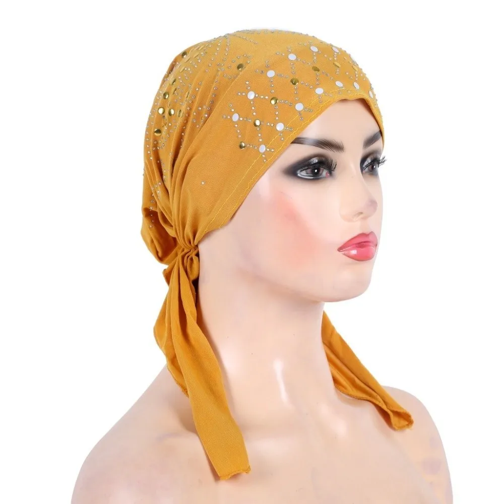 Fashion Gold Sequins Turban Hijab Cotton Solid Color Pull On Headwrap Soft Breathable Headscarf Hat
