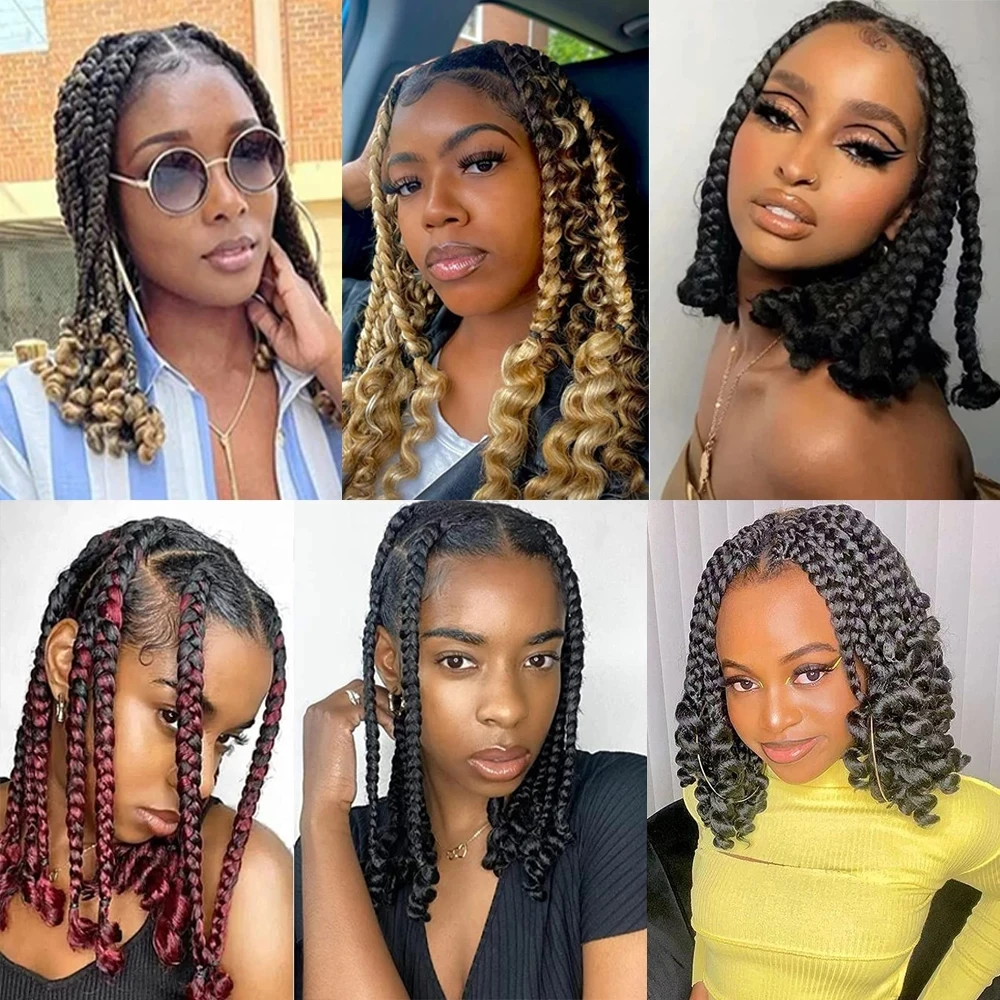 Sambraid Synthetic Crochet Hair Short Bob Box Braid with Curly Ends 10Inch Omber Blonde Pre Stretched Box Braids for Women Kids