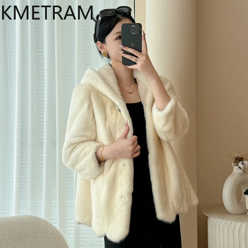 Damska kurtka z naturalnego futra norek, białe prawdziwe futro z kapturem, wysokiej jakości zimowa odzież damska, futrzane kurtki 2025 шуба женская