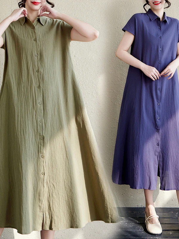Loose Long Dress Korean Style Commute Shirt Dress Pure Color Short Sleeve Turn-down Collar Single Button Casual Dress