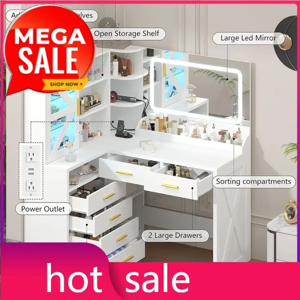 White L-Shaped Corner Vanity Desk with LED Lighted Mirror & Storage Shelves