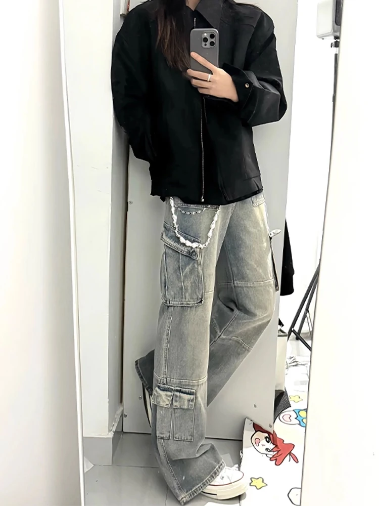 

Американские лоскутные джинсы в стиле ретро, мужские джинсы High Street Multi ket, свободные прямые брюки длиной до пола, расклешенные брюки с микро-расклешенями