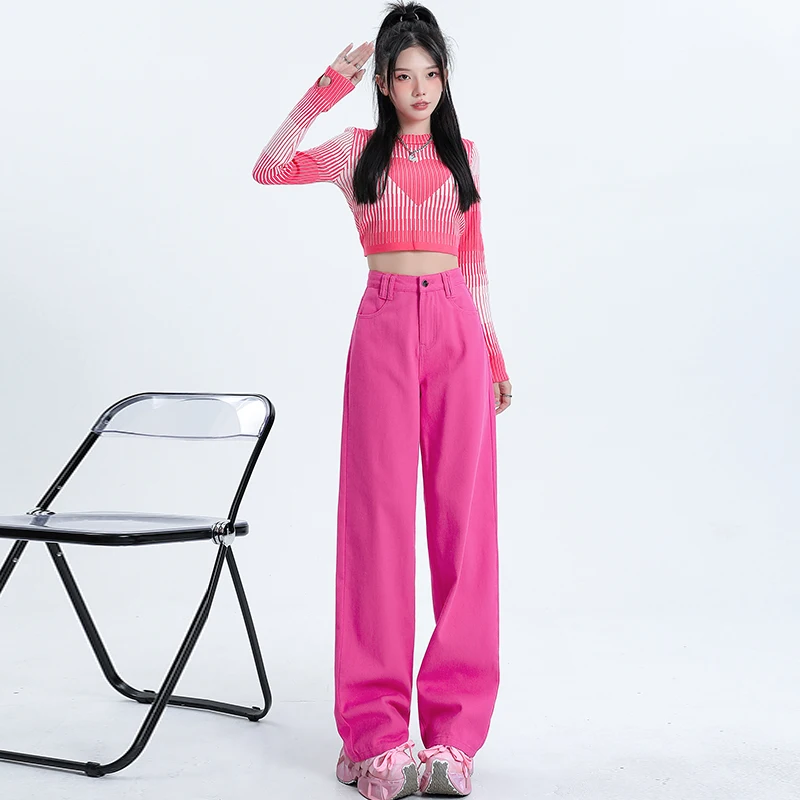 Loose Womens Casual Jeans Relaxed Fit Trousers Comfortable Denim Pants Autumn New Style Sweet Cool Hot Pink Wide Leg
