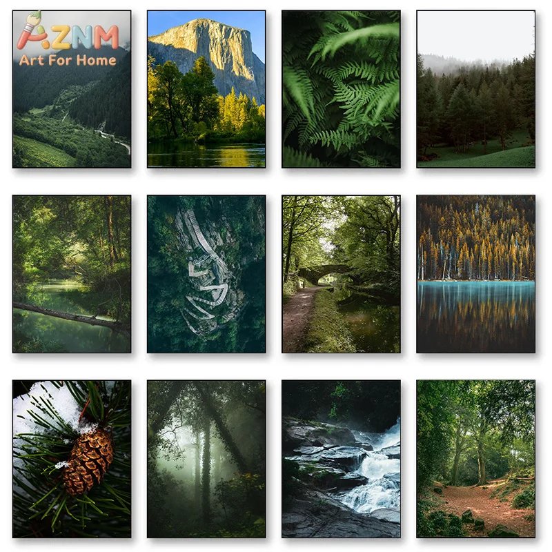 AZNM Fresh Green Forest Mountain Stream Canvas Poster Frameless Wall Art Natural Wilderness Fern Pine Scenery Print For Living R