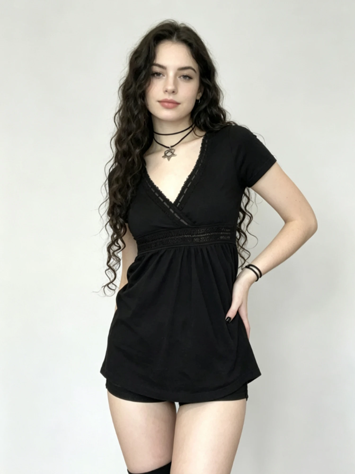Women's Emo Black Gothic V-Neck T-Shirt Y2K Gyaru Short Sleeve T-Shirt Fashion Vintage Lace Midi Tee Top for Women Summer 2026