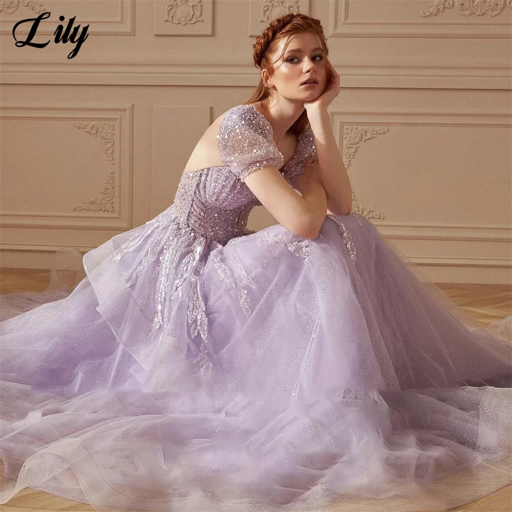 Lily Lilac Tulle Elegant Sexy Wedding Party Dress Sequined Party Dresses Short Sleeves Formal Occasion Dress robes du soir