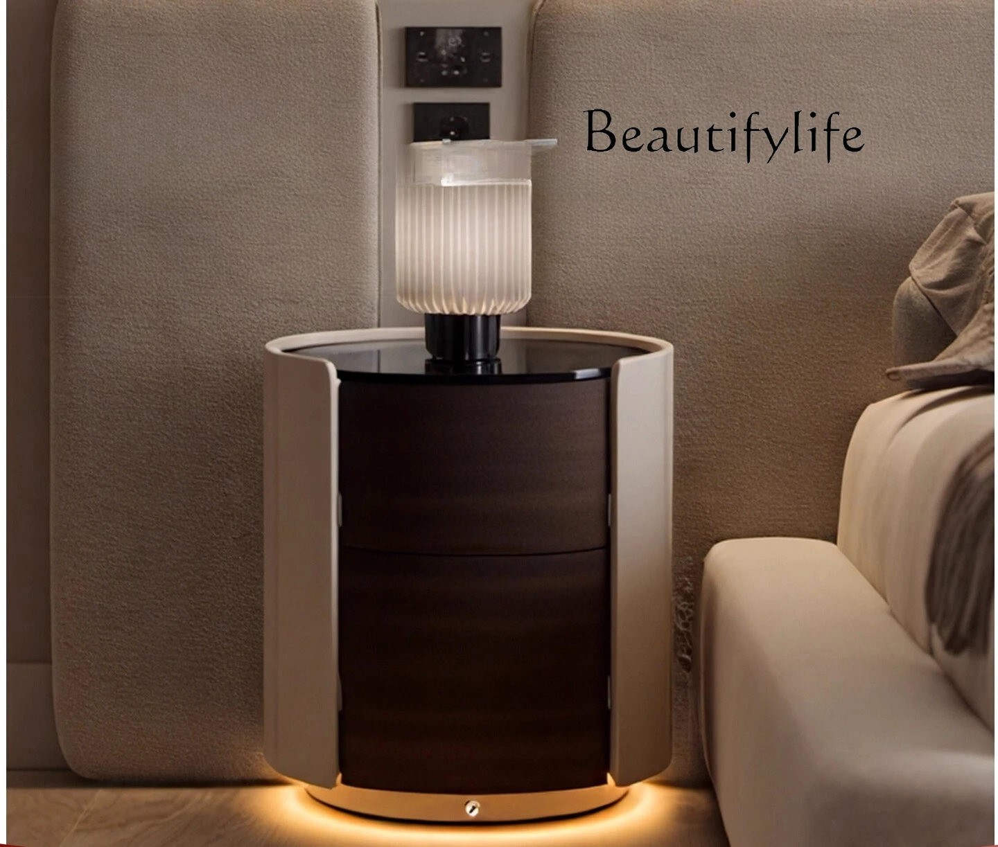 

Italian minimalist bedside table solid wood paint round cabinet high-end designer smart bedside table light luxury plus lamp