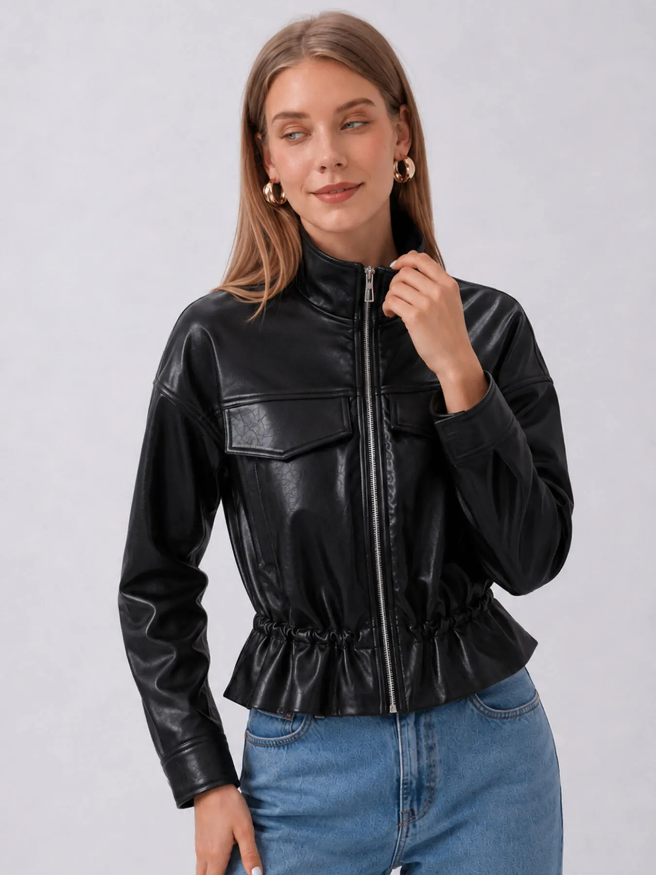 HH Female Faux Leather Stand Collar Outerwear Zipper Pocket Long Sleeve Fashion Autumn Jacket Elastic Waist Casual Party Coat