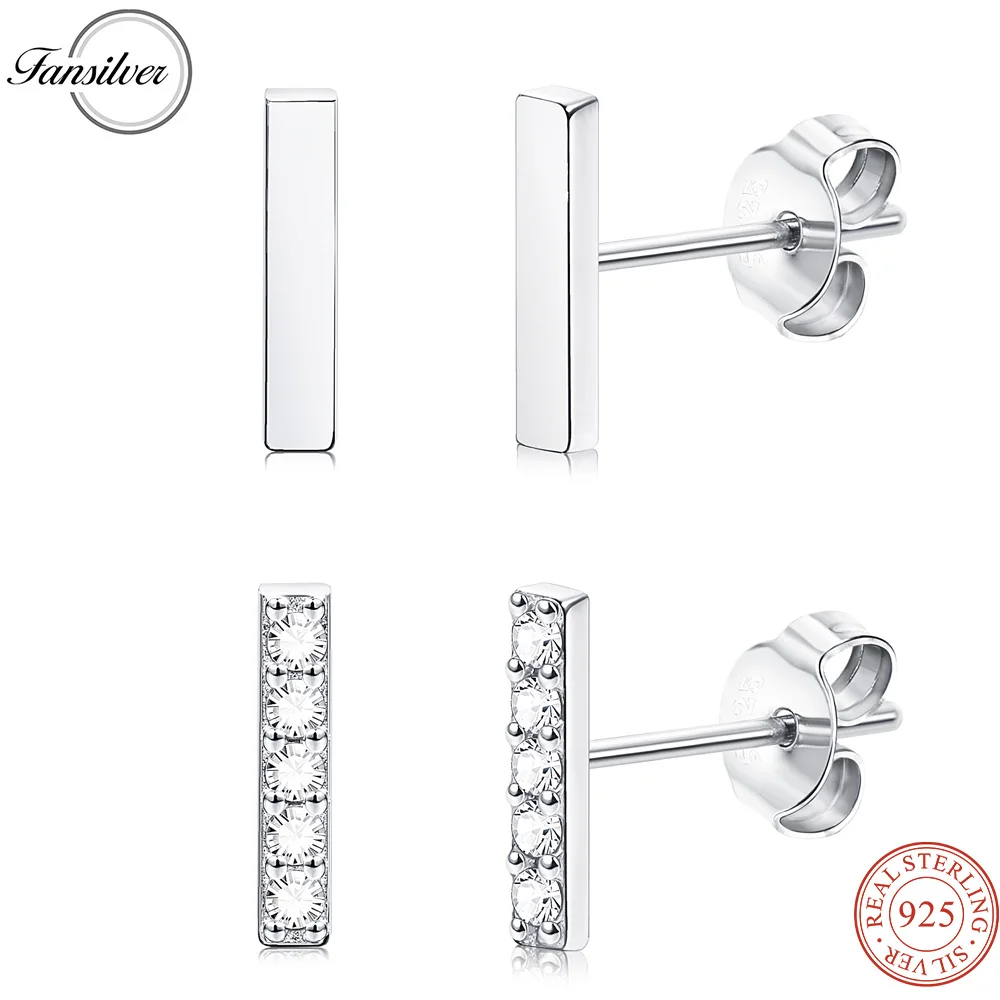 

Fansilver Sterling Silver Tiny Bar Stud Earrings for Women Men White Gold Plated Set Rectangle Line Earrings Huggie Cartilage