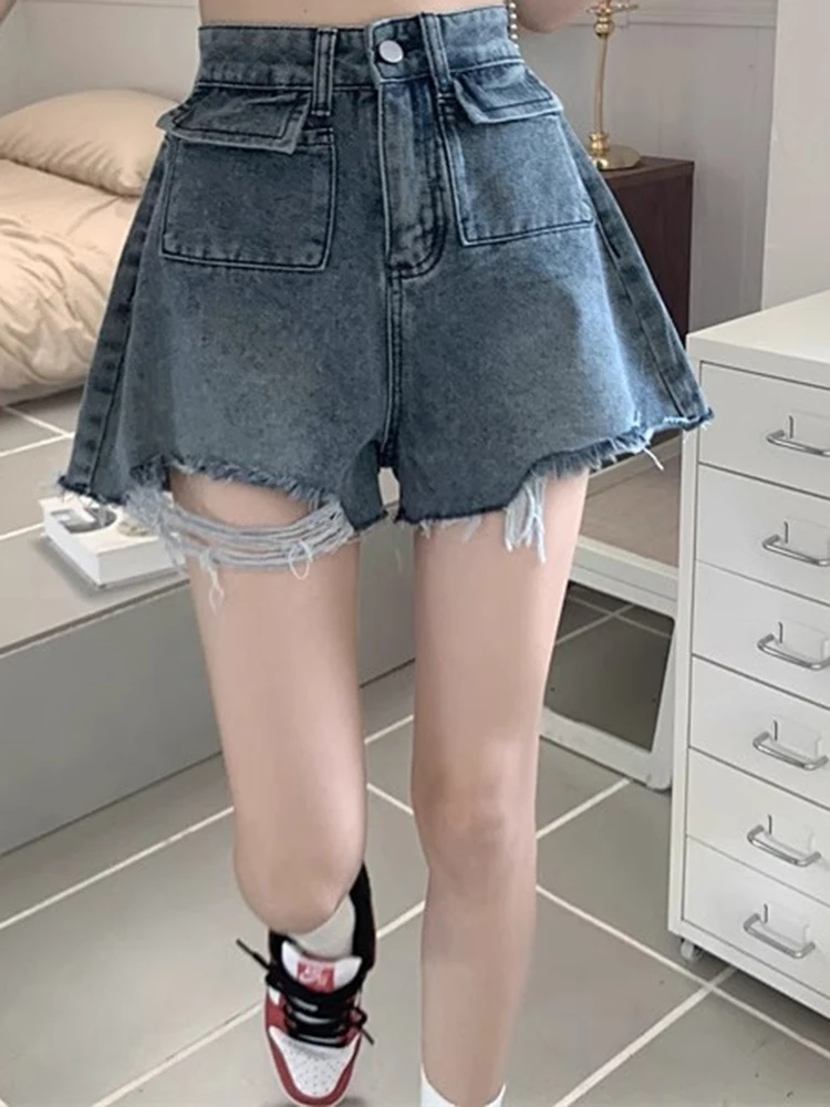 Calção jeans feminina de cintura alta de perna larga, Y2K na moda feminina, calça curta rasgada dos anos 2000, azul feminina, coreano, solto, jeans quentes, plus size, para dentro