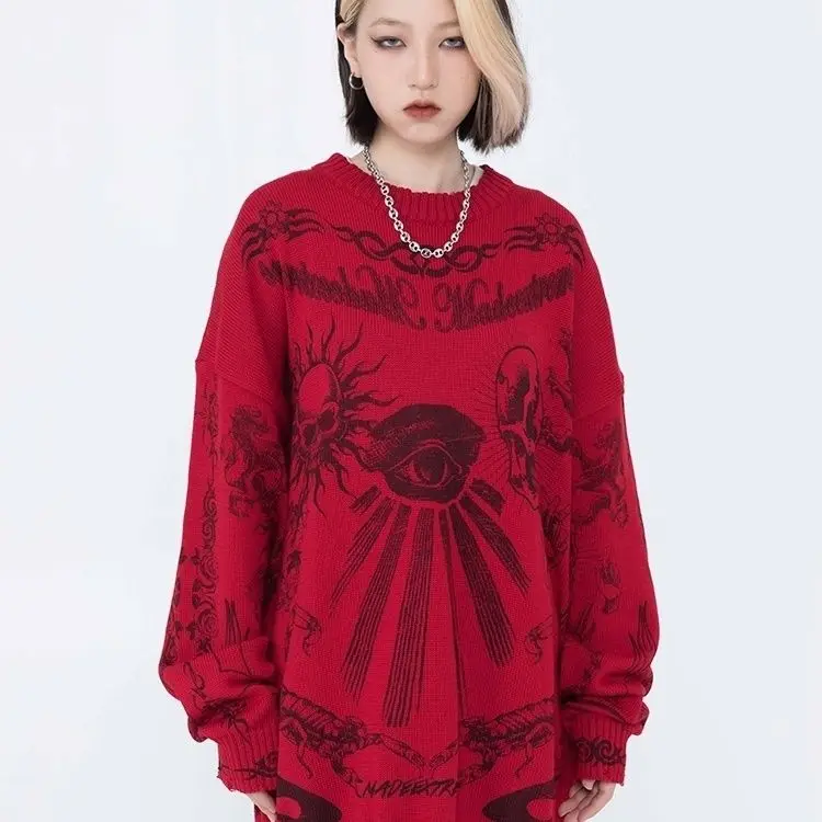 Oversized Sweater Men Women Harajuku Skull Graffiti Retro Vintage Knitted Sweater Unisex Cotton Pullover 20213Autumn And Winter