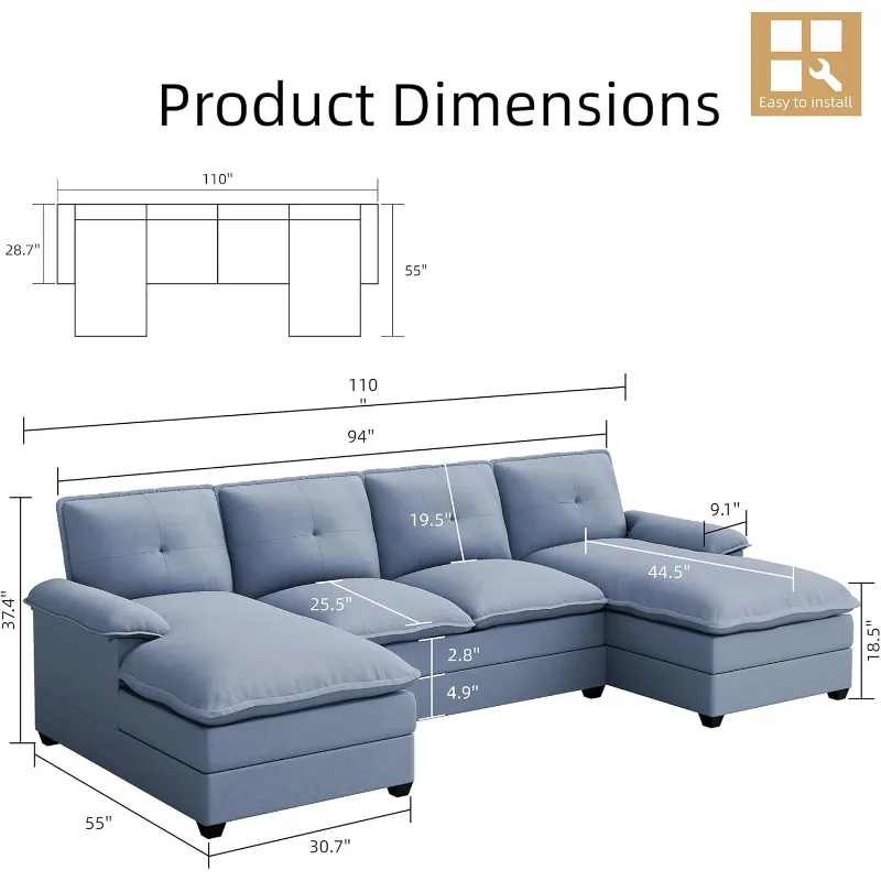 Living room sectional sofa, U-shaped sofa 4-seater sofa set with double armrest, modern fabric sectional sofa set for apartment