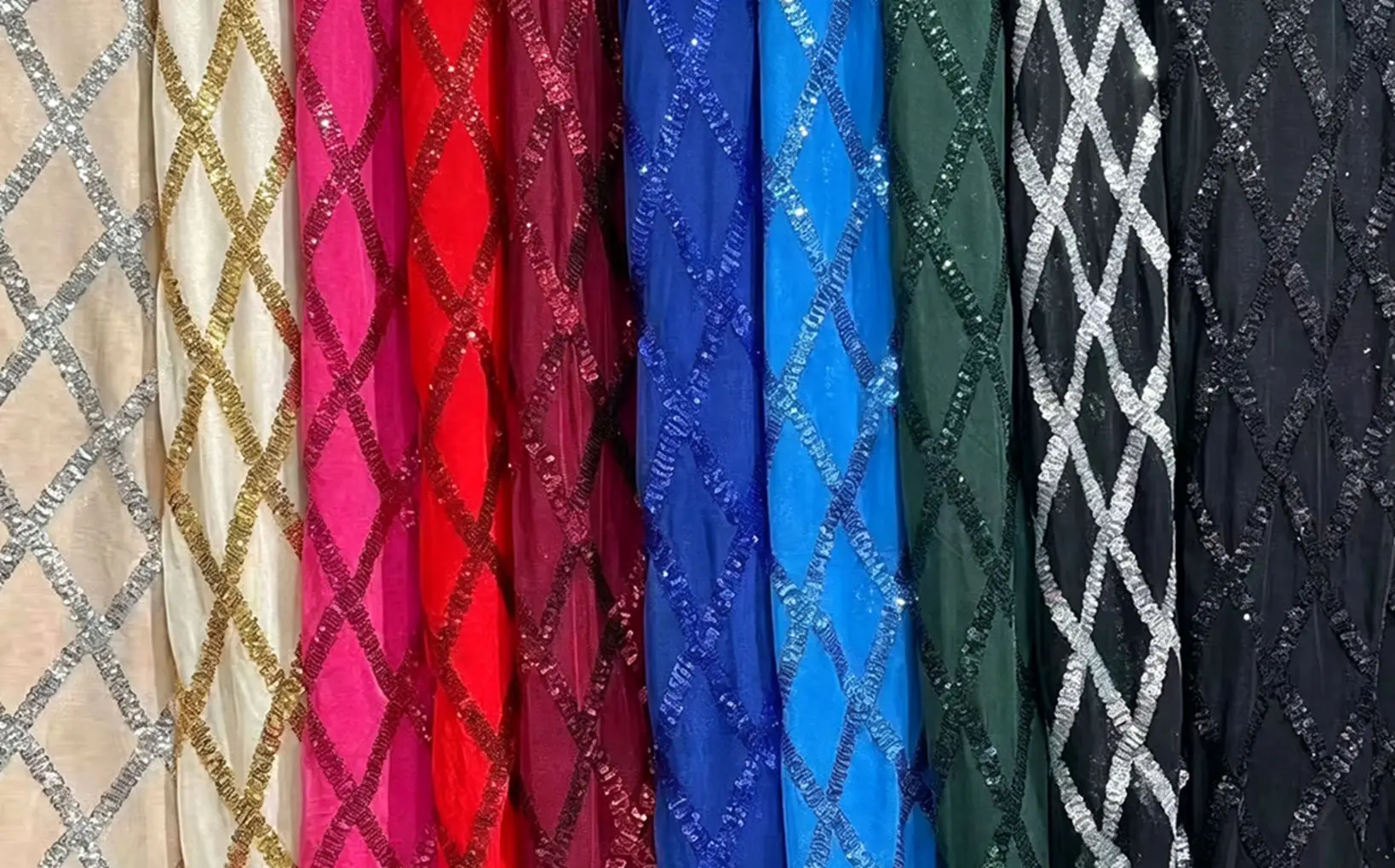 Diamond Grid Sequin Embroidery Mesh Fabric Multicolor Cloth For Evening Dress Party Gown Costume Accessory DIY Sewing Material
