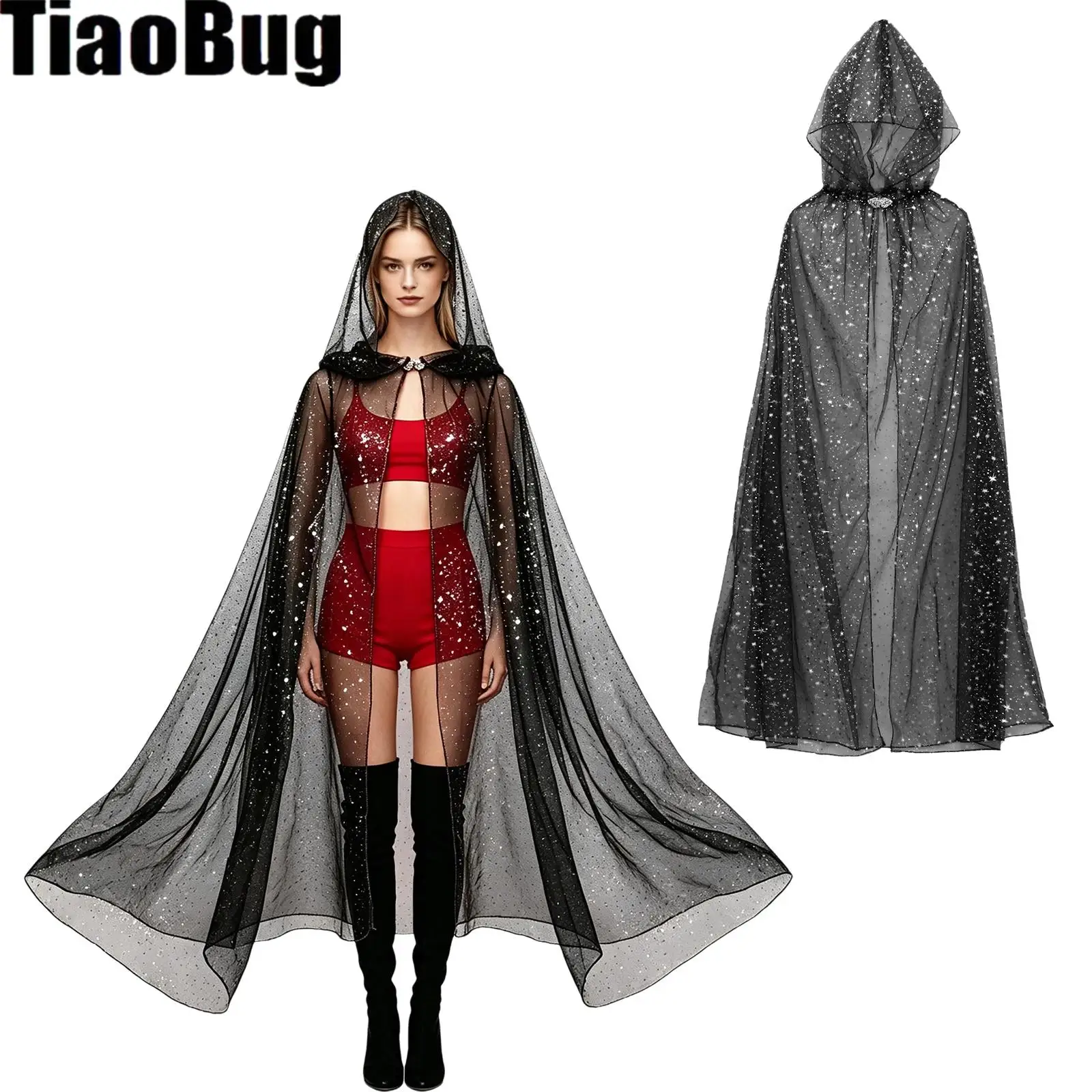 Womens Long Sheer Cape Hooded Star Mesh Tulle Cape Cloak with Rhinestone Clasp for Cosplay Stage Performance Halloween Party