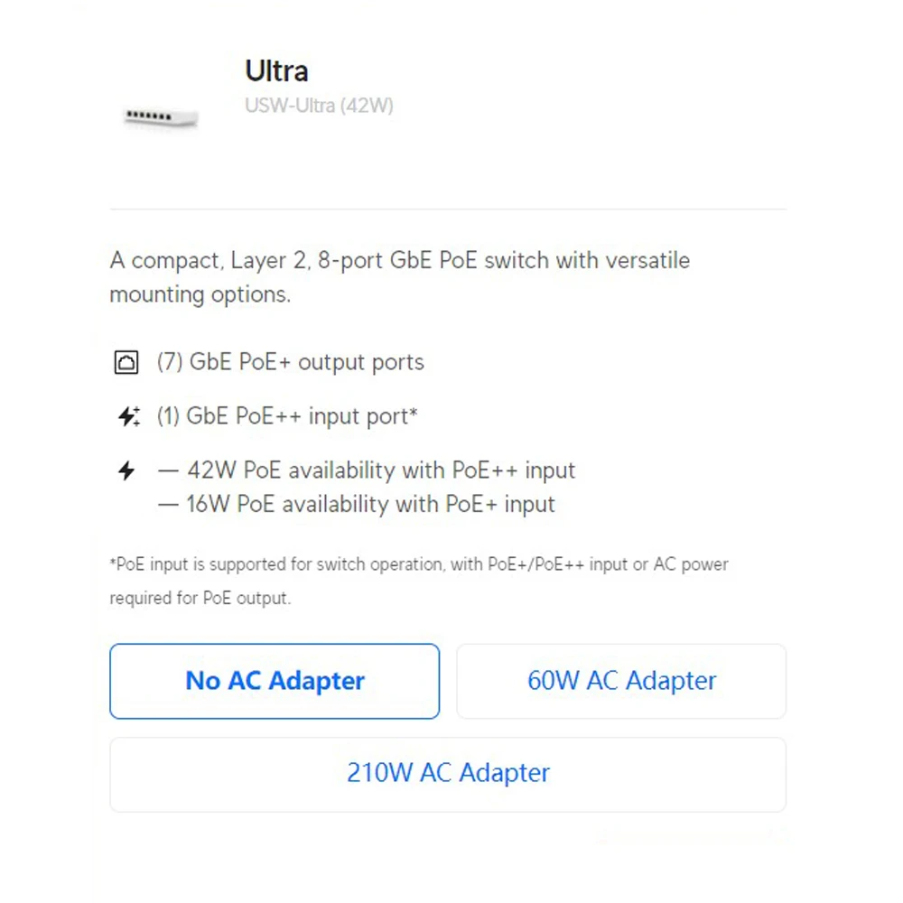 UBIQUITI Ultra USW-Ultra (42W), USW-Ultra-60W (52W), USW-Ultra-210W (202W), warstwa 2, 8-portowy przełącznik PoE GbE PoE +/PoE++