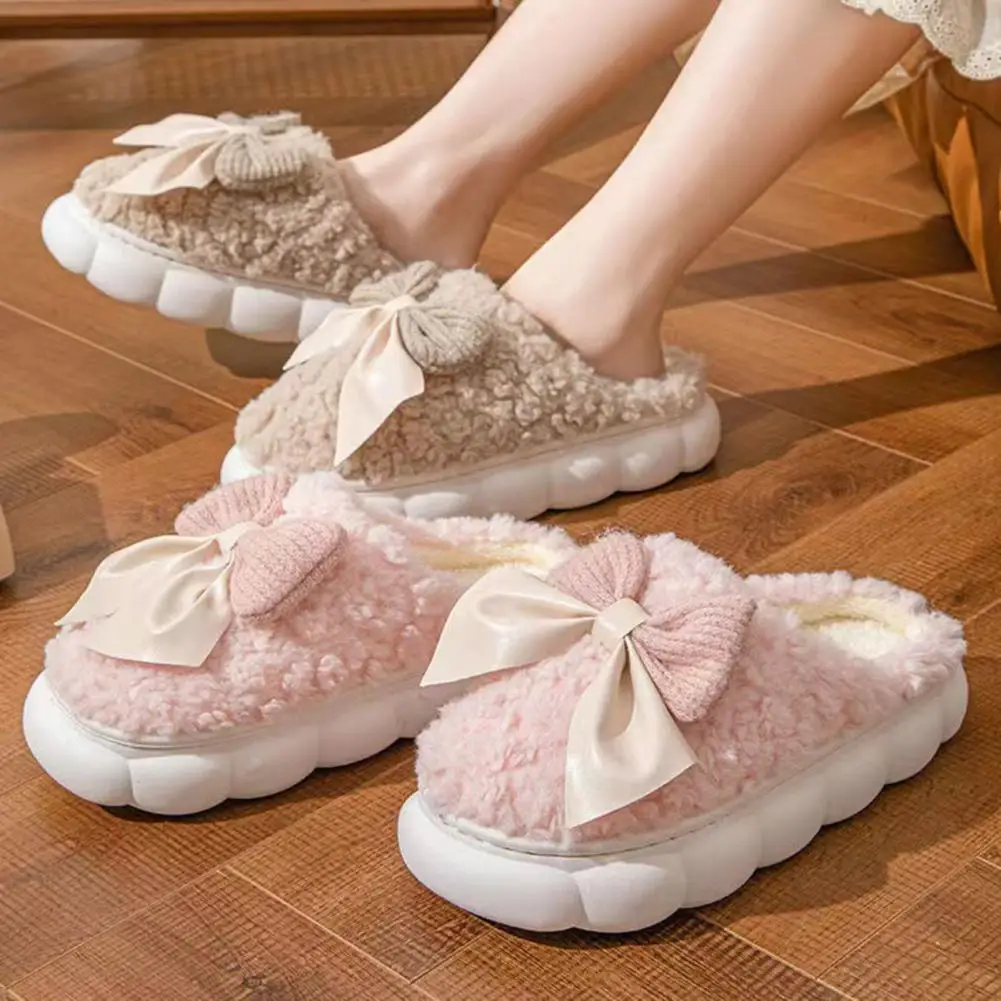 Women Bow Plush Slippers Cute Warm Fluffy Slippers Textured Non-Slip Sole Winter Fuzzy House Slippers for Lounging Outdoor