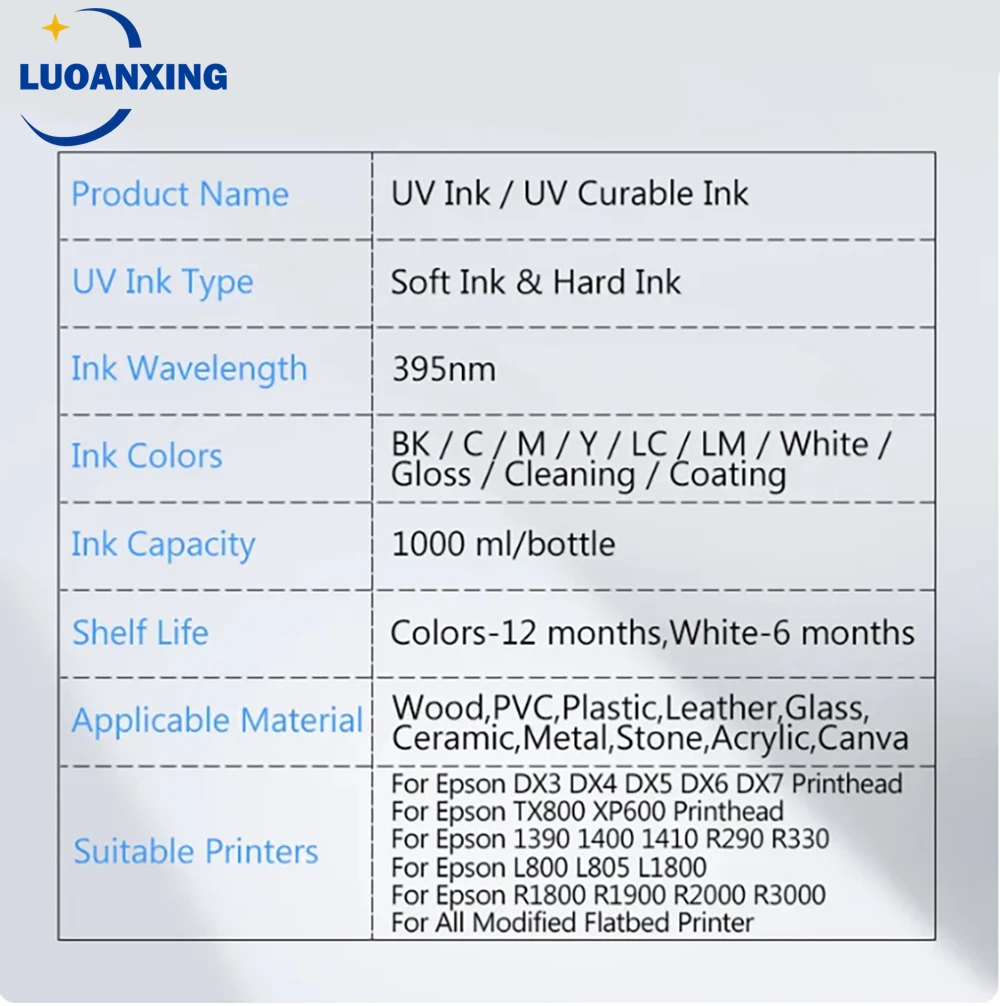 Imagem -06 - Anxing-uv Kit de Tinta para Impressora Plana Usado em Epson Dx5 Dx7 Dx11 Tx800 Xp600 L1800 L805 R1390 Garrafas Kit de Conjunto 1250ml