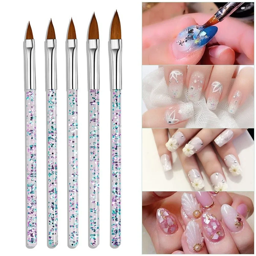 5 Stuks Nail Art Penseel Gereedschap Set Kristallen Handvat Acryl Uv Gel Glitter Tekening Schilderij Borstels Snijden Bloempennen Nagels Gereedschap