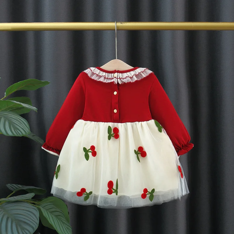 (9 Months - 3 Years Old) Spring And Autumn New Wedding Party Baby Girl Princess Dress, Red Cherry Children\'S Long Sleeve Clothes