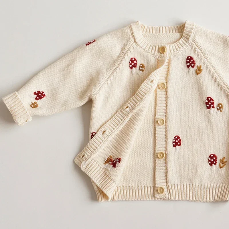 Baby Sweater Boys Girl Sweaters Cardigans Embroidery Mushroom Autumn Toddler Long Sleeves Knitwear Jackets Kid Knit Clothes Tops