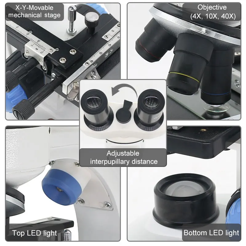 Imagem -05 - Microscópio Biológico com Câmera Digital Grande-campo Ocular 40x2000x Zoom Binocular Microscópios Ajustável Iluminação Led