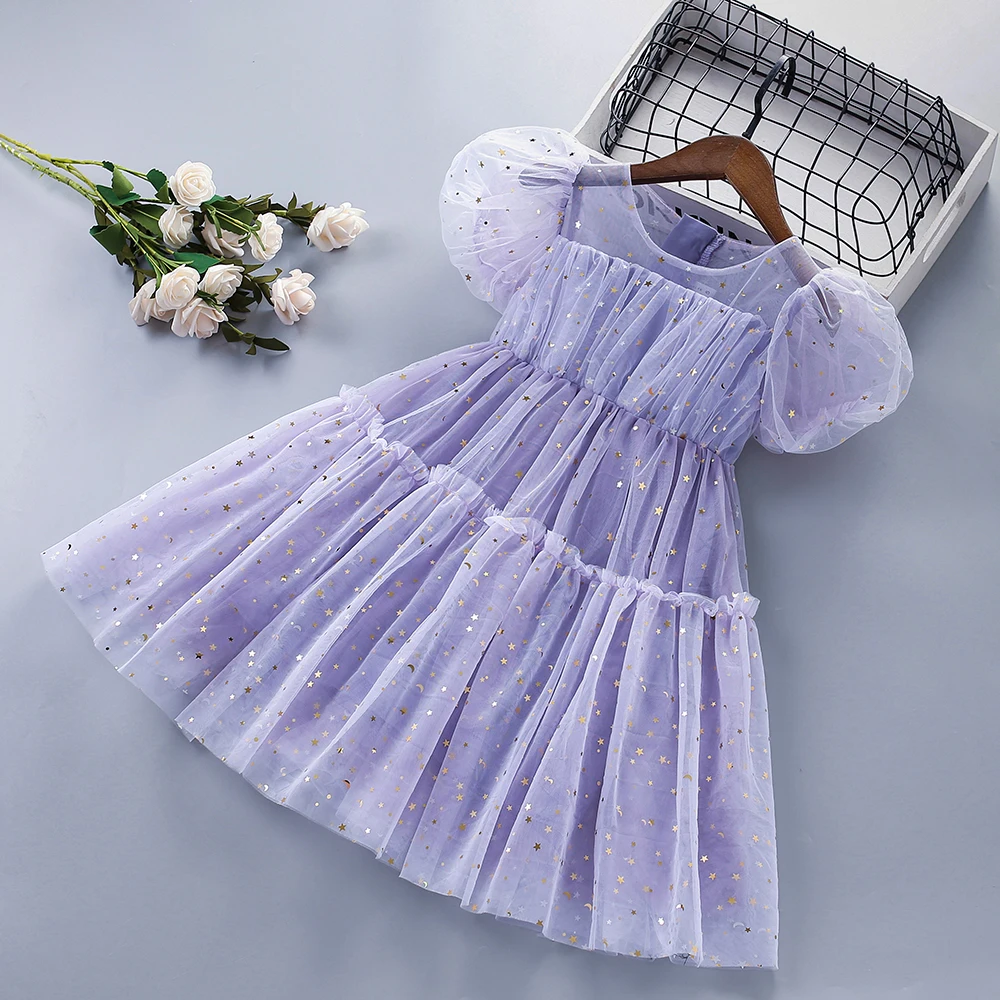 

2-10 Years High Quality Summer New Bow Draped Ruched Star Sequined Kid Children Clothing Girl Party Birthday Princess Dress